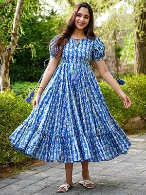 Royal-Blue Heavy Rayon Full Round Flair With Digital Print Gown For Women