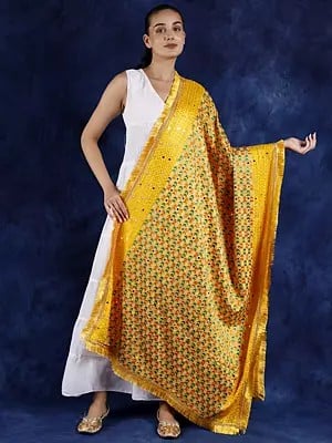 Phulkari Dupatta from Punjab with Multicolor Thread Embroidery and Bead-Mirror Work