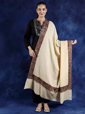 Banana-Crepe Pure Wool Kashmiri Shawl with Hand-Woven Sozni Embroidery