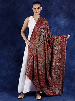 Pure Wool Kani Jamawar Shawl from Amritsar with Woven Multicolor Paisleys and Flowers