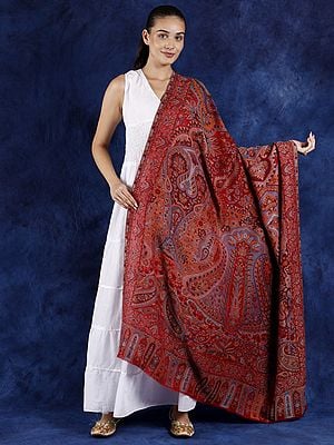 Pure Wool Kani Jamawar Shawl from Amritsar with Woven Multicolor Paisleys and Flowers