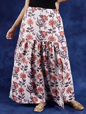 White-Alyssum Elastic Waist Long Skirt with All-Over Block Printed Flowers