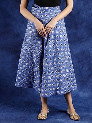 Strong-Blue Pure Cotton Wrap Around Long Skirt with All-over Printed Floral Bootis