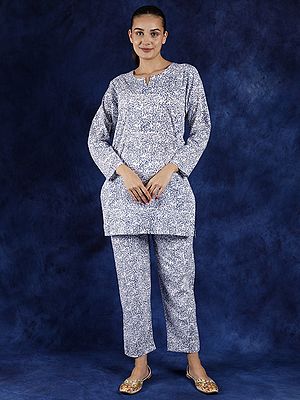 Snow-White Pure Cotton Co-Ord Set with Block Printed Coral Patterns