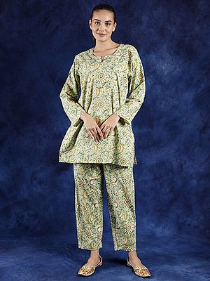 Pestel-Green Pure Cotton Co Ord Set with Block Printed Flowers and Notched Neck