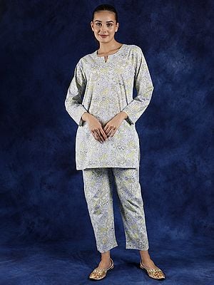 Country-Air Notch Neck Co-Ord Set with Block Printed Flowers and Side Pockets