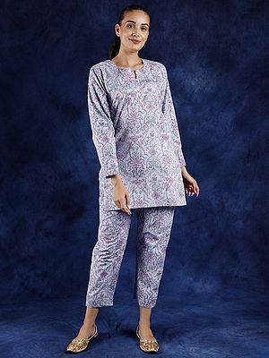 Orchid-Petel Pure Cotton Co-Ord Set with Block Printed Birds and Leaves