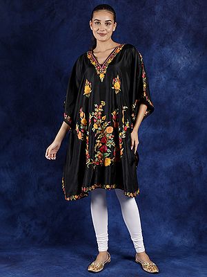 Black-Beauty Pure Silk Short Kaftan from Kashmir with Hand-Woven Aari Embroidered Flowers