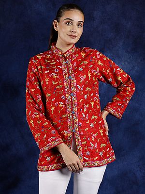 True-Red Pure Silk Short Jacket from Kashmir with Hand Aari Embroidered Floral Vines on All-Over