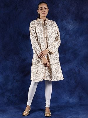 Cannoli-Cream Kashmiri Long Jacket with Aari Embroidered Floral Jaal