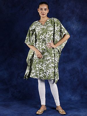 Green and White Pure Cotton Kaftan Style Kurti with All Over Printed Foliage