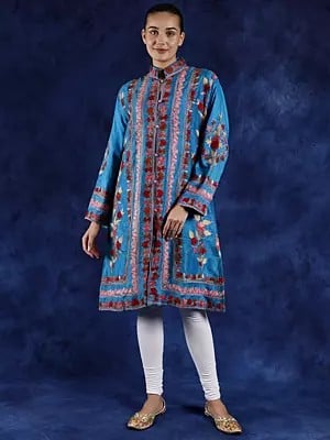 Algiers-Blue Art Silk Long Jacket From Kashmir with Aari Embroidered Flowers and Paisleys