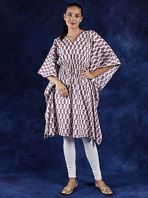 Snow-White Pure Cotton Kaftan with Printed Floral Butta