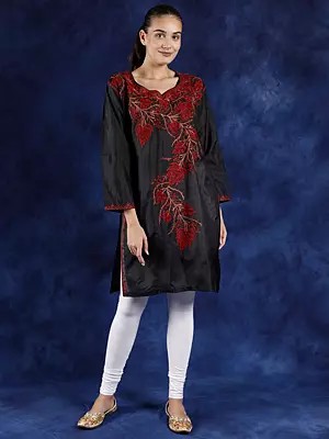 Black-Onyx Pure Silk Kashmiri Long Kurti with Aari Hand Embroidered Maple Vines