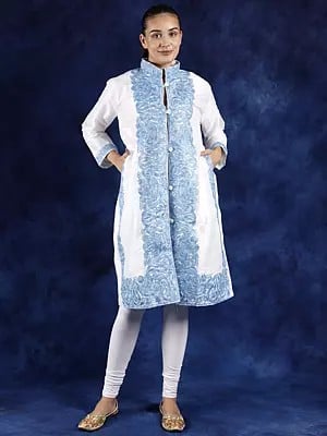 Brilliant-White Art Silk Long Jacket from Kashmir witn Aari Embroidered Paisleys On Border
