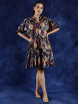 Pure Cotton Multicolor Ikat Printed Short Dress with Puffed Sleeve