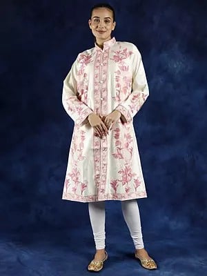 Solitary-Star Aari Embroidered Long Jacket from Kashmir