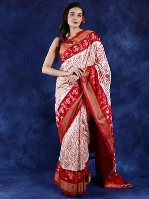 Pearled-Ivory Pure Silk Handloom Saree from Pochampally with All-Over Ikat Weave and Tissue Border