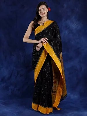 Black-Onyx Pure Cotton Ikat Handloom Saree from Pochampally with Contrast Border