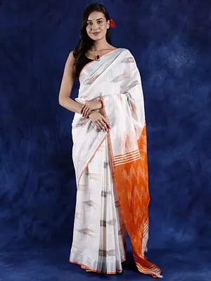Snow-White Cotton Saree with Woven Ikat Patterns and Silver Zari Border
