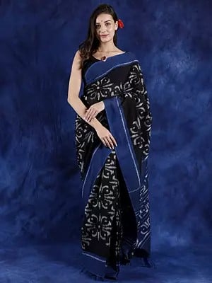 Pirate-Black Ikat Handloom Pure Cotton Saree from Pochampally with Contrast Border and Pallu