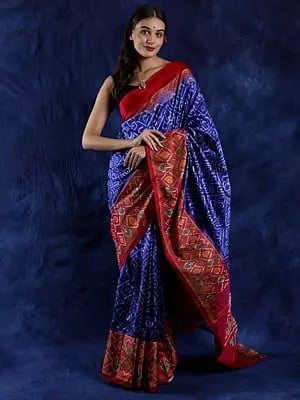 Mazarine-Blue Patan Patola Handloom Saree from Gujarat with Ikat Woven Motifs and Contrast Golden Border-Pallu