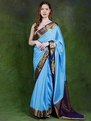 Plain Saree from Bangalore with Zari Woven Floral Vine Border and Striped Anchal