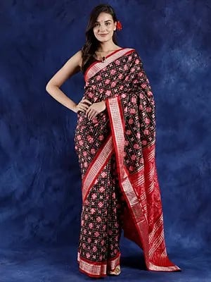Pure Shakta Silk Black & Red Ikat Handloom Saree from Sambalpur with Woven Checks