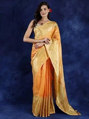 Blazing-Orange Khadi Cotton Saree with Golden Thread Weave on Border and Aanchal
