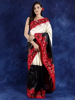 Tri-Color Pure Silk Pochampally Ikat Saree with Temple Border and Box Pallu