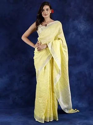 Blazing-Yellow Cotton Saree with Silver Zari Weave on Border and Aanchal