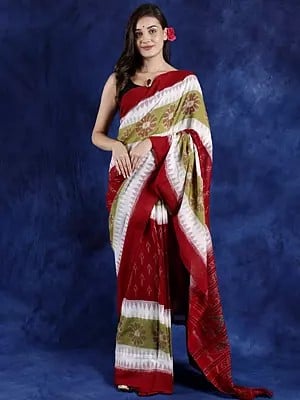 Tri-Color Pure Cotton Temple Border Saree from Sambalpur with All Over Ikat Woven