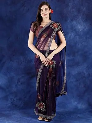 Vintage Parachute-Purple Net Saree with Floral Embroidered Beads and Crystals
