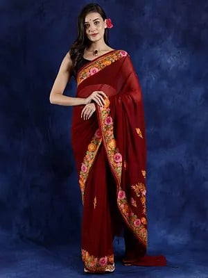 Brick Red Georgette Saree with Extensive Floral Aari Embroidery on Aanchal and Border