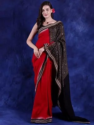 Tomato Pure Cotton Saree with Temple Border and Delicate Ikat Weave