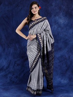 Elegant Wild Dove Pure Cotton Ikat Saree with Woven Pine Trees  and Tissue Border