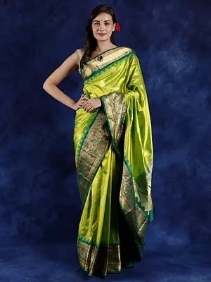 Macaw Green Pure Silk Saree from Bangalore with Temple Border and Rich Design on Pallu