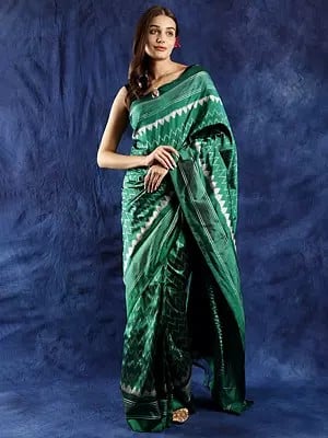 Soothing Lush Meadow Pure Silk Saree from Pochampally with Ikat Woven Pallu and Temple Border
