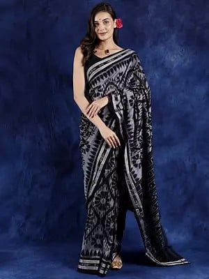Black and Grey Pure Cotton Ikat Saree from Sambalpur with Temple Border