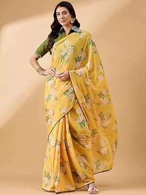 Chiffon Floral Printed & Striped Border Saree With Blouse