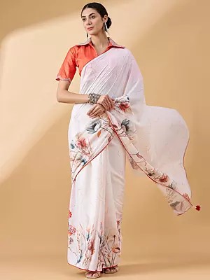 Chiffon Floral Printed & Solid Border Saree With Blouse