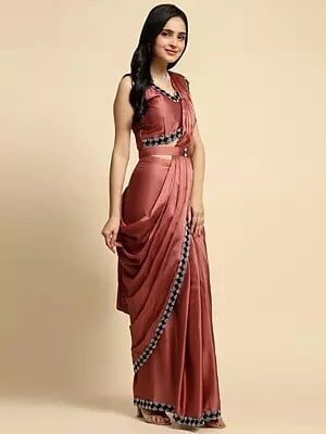 Satin Silk With Stone Work Ready To Wear Plain Saree With Blouse