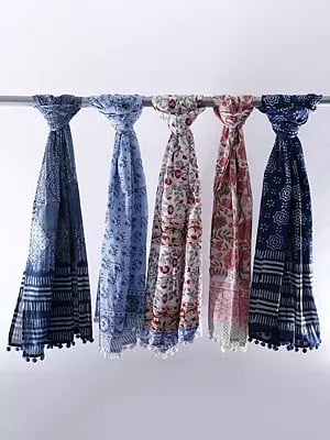 Lot of Five Pure Cotton Block-Printed Scarves