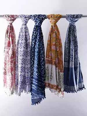 Bundle of Five Floral Printed Scarves with Pom-Poms