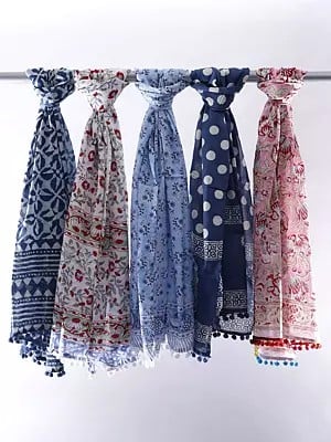 Block-Printed Lot of Five Pure Cotton Scarves from Jaipur