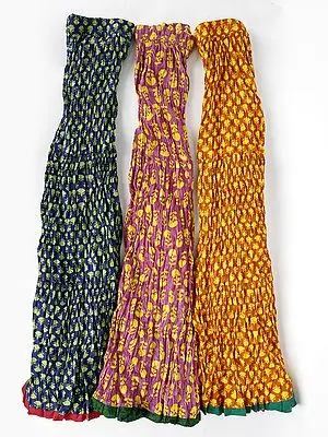 Lot of Three Crushed Long Ghagra Skirts from Jodhpur with All-Over Printed Flowers