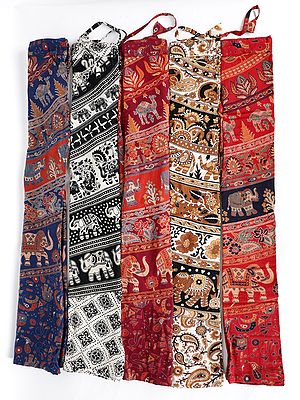 Set of Five Flared Bottom Palazzo Pants from Pilkhuwa with Printed Flowers and Elephants