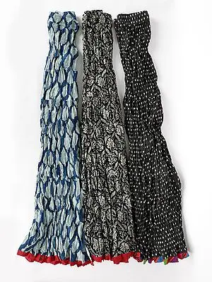 Lot Three Printed Long Crinkled Ghagra Skirts with Elastic Waist and Patch Border