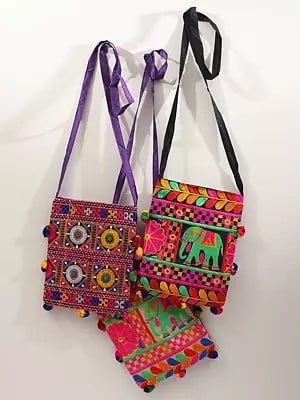 Lot of Three Passport Sling Bags from Gujarat with Multicolour Thread Embroidery and Mirrors
