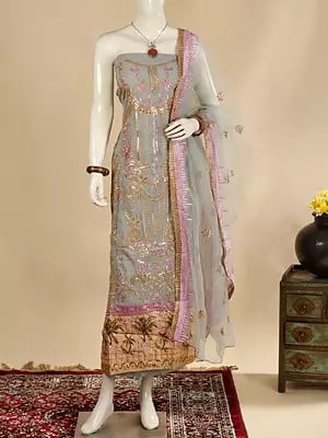 Storm-Gray Georgette Salwar Kameez Fabric with Net Dupatta and All-Over Zari & Sequins Embroidery